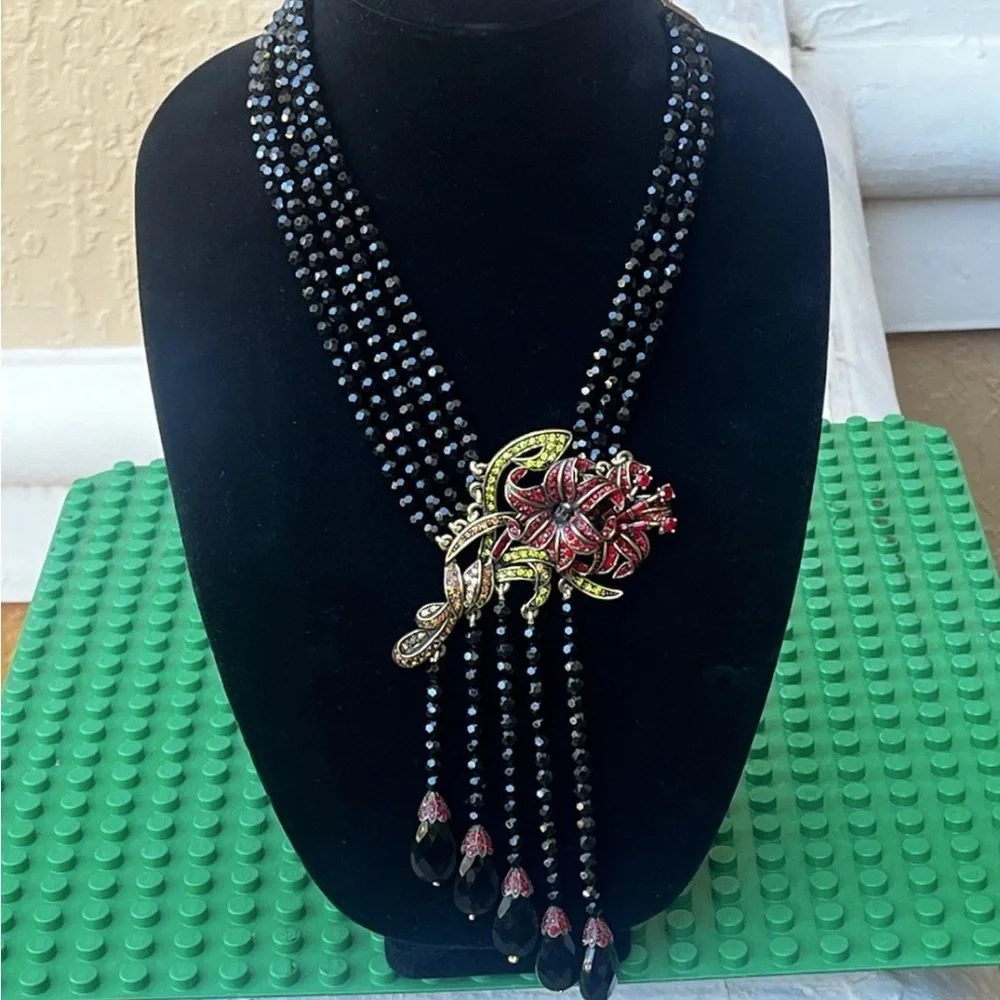 Vintage Authentic Heidi Daus Flower Trembler Beaded Necklace with Red and Gold - Picture 3 of 16